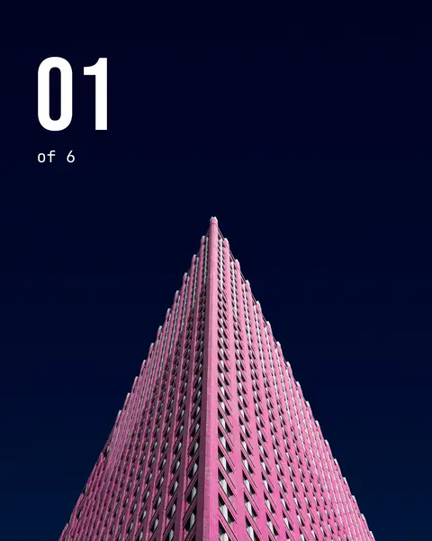 A pink tower against a near-black sky, with a large “01” and a small “of 6” in the upper left — the opening slide of a carousel