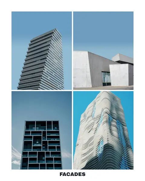 Four architecture photographs in a two-by-two grid on a white margin, with “Facades” set in the band beneath them