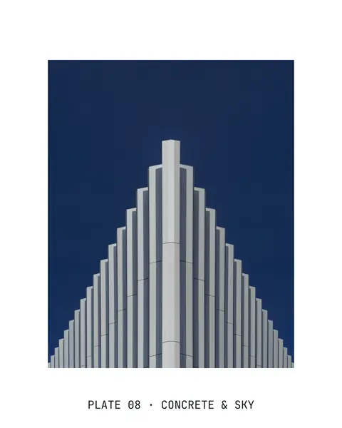 A symmetrical tower on a navy sky, uncropped on a white 4:5 background, with “Plate 08 · Concrete & Sky” set in the border beneath it