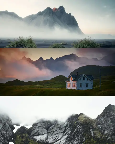 A 4:5 slide holding three landscape photographs stacked in rows: a misty mountain range, a lone house below cliffs, and a snow-covered peak