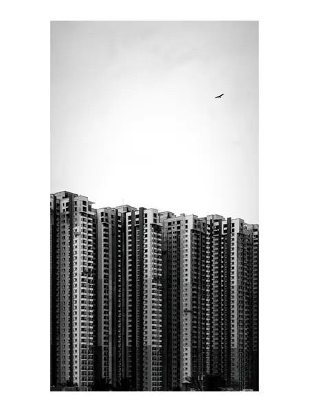 A black-and-white photograph of high-rise blocks, whole and uncropped, inside a 3:4 post on a white background