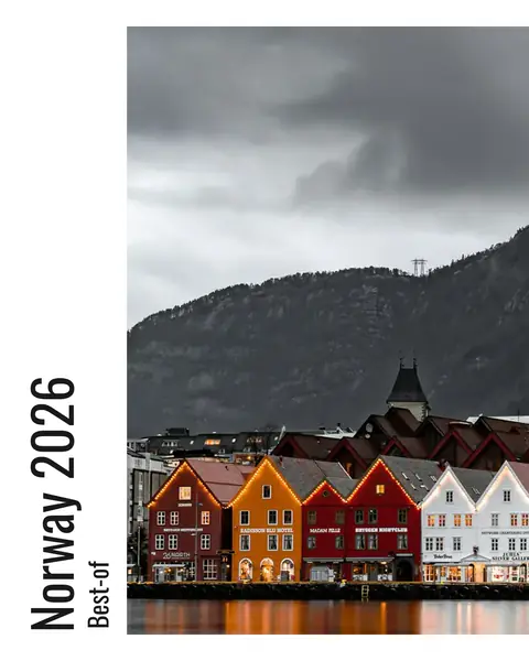 The left third of the harbour photograph as a carousel slide, with the title “Norway 2026 — Best of” set vertically on a white band