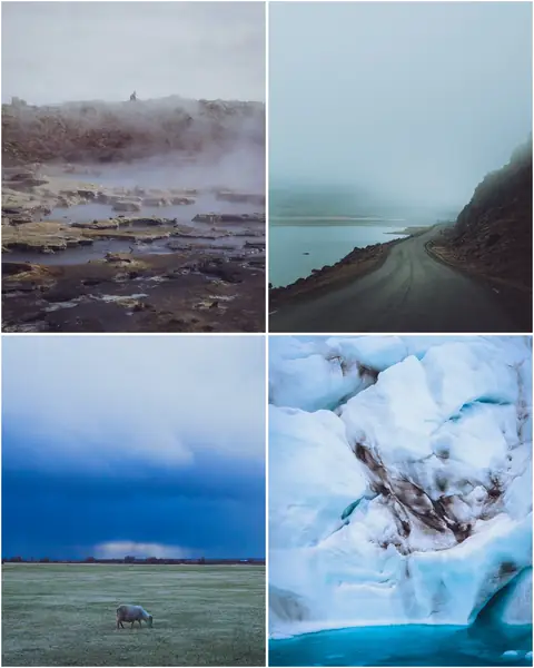 A 4:5 slide holding four photographs in a two-by-two grid: steam vents, a lake road, a sheep under a storm sky and glacier ice