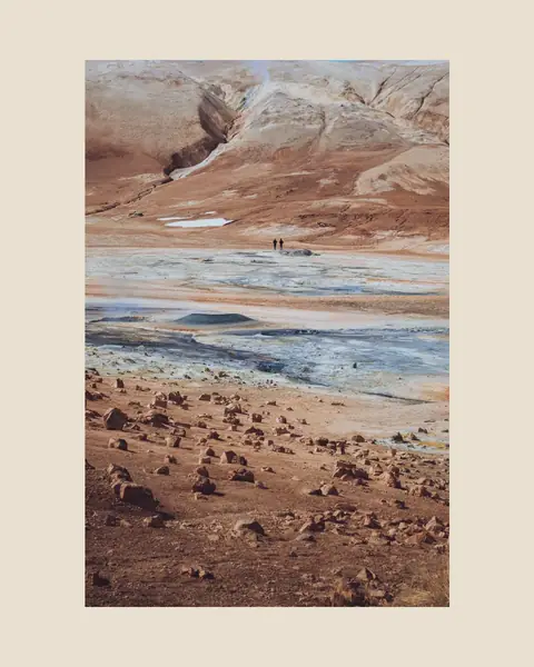 A steaming geothermal basin, uncropped and set small inside a 4:5 post on a warm sand background