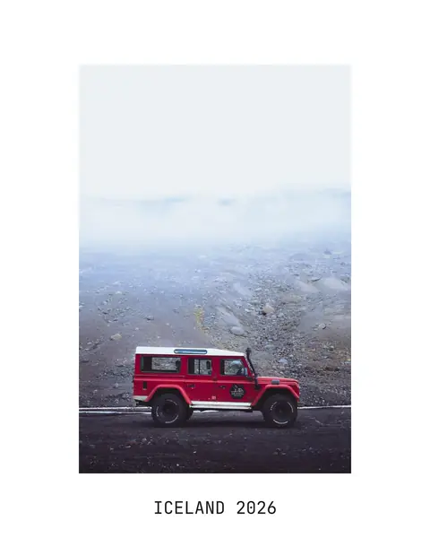 A red expedition truck on a foggy plain, uncropped on a white 4:5 background with “Iceland 2026” set in the border below