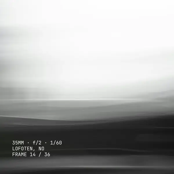 A long-exposure horizon in greys, cropped square, with three mono lines of shot data over the dark band at the bottom