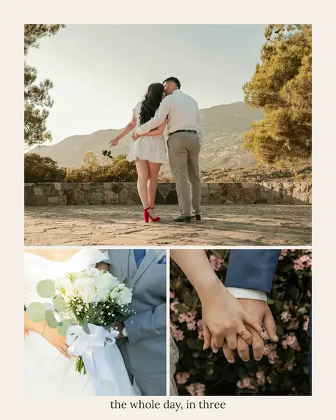 A 4:5 slide on a cream margin: a couple walking away across the top, a bouquet and joined hands beneath, captioned “the whole day, in three”