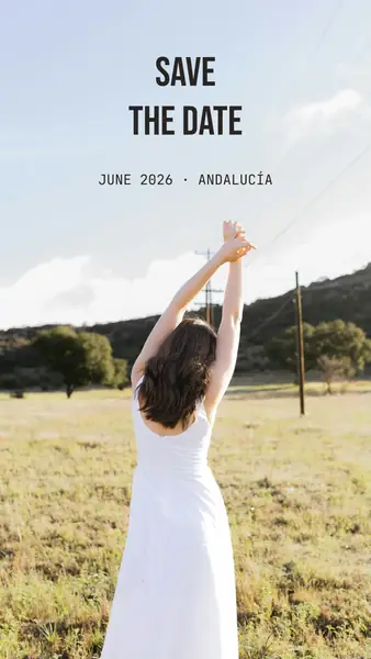 A bride from behind reaching into the sky in a meadow, cropped to 9:16, with “Save the date — June 2026 · Andalucía” set in the sky