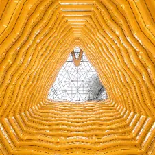 A yellow ribbed corridor narrowing to a triangular window