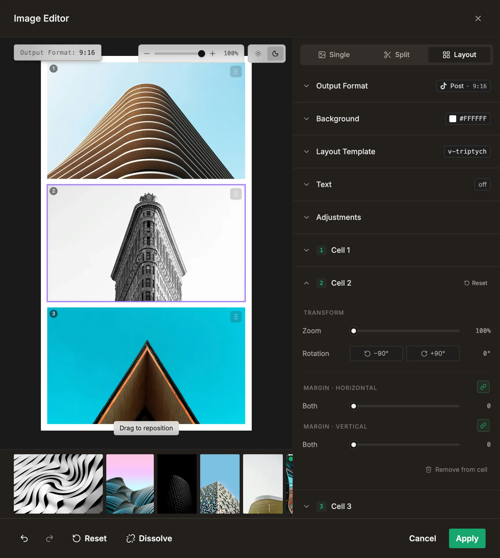 The Published image editor in Layout mode: a vertical triptych on the canvas, with output format, background, layout template and the per-cell transform controls in the settings panel