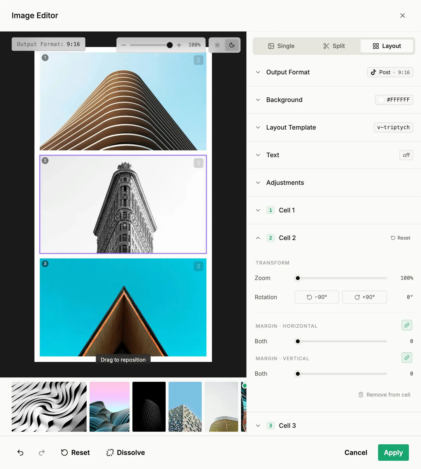 The Published image editor in Layout mode: a vertical triptych on the canvas, with output format, background, layout template and the per-cell transform controls in the settings panel
