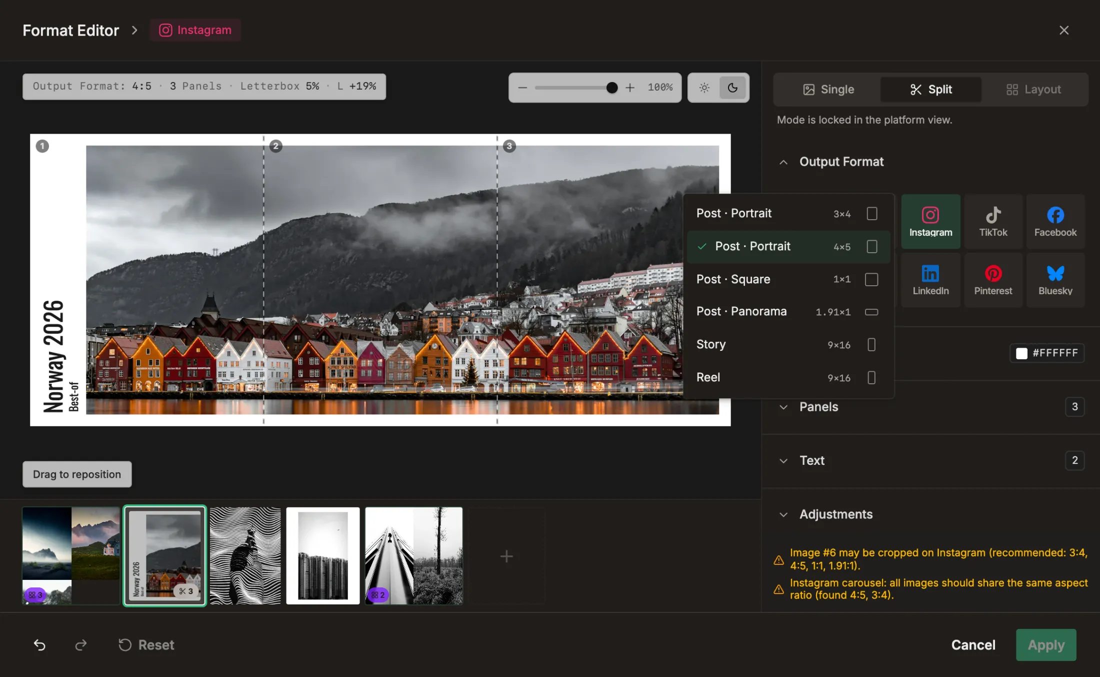 The framing editor in its Instagram view: one panorama split across three carousel panels, with Instagram's own output formats open beside it.