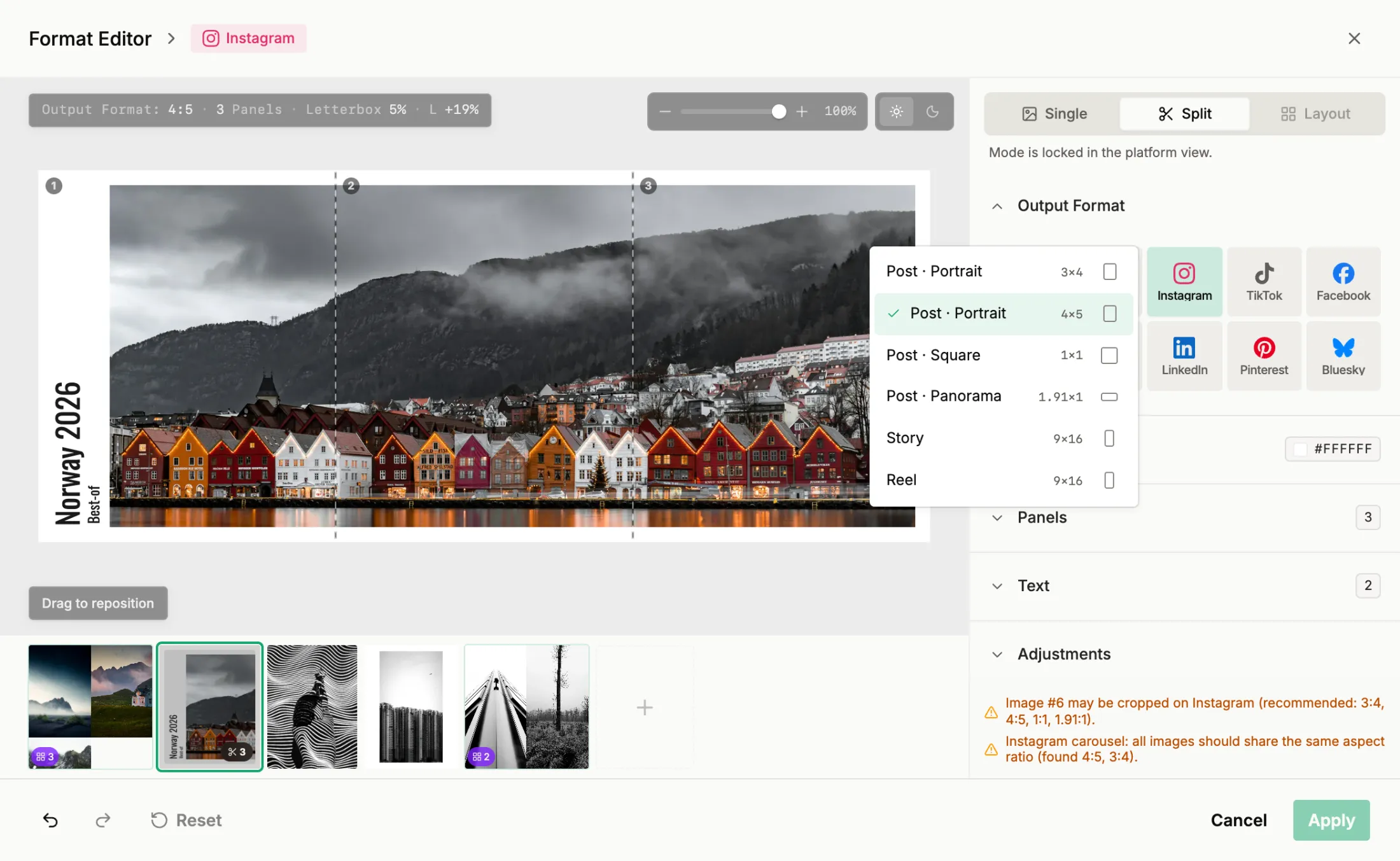 The framing editor in its Instagram view: one panorama split across three carousel panels, with Instagram's own output formats open beside it.