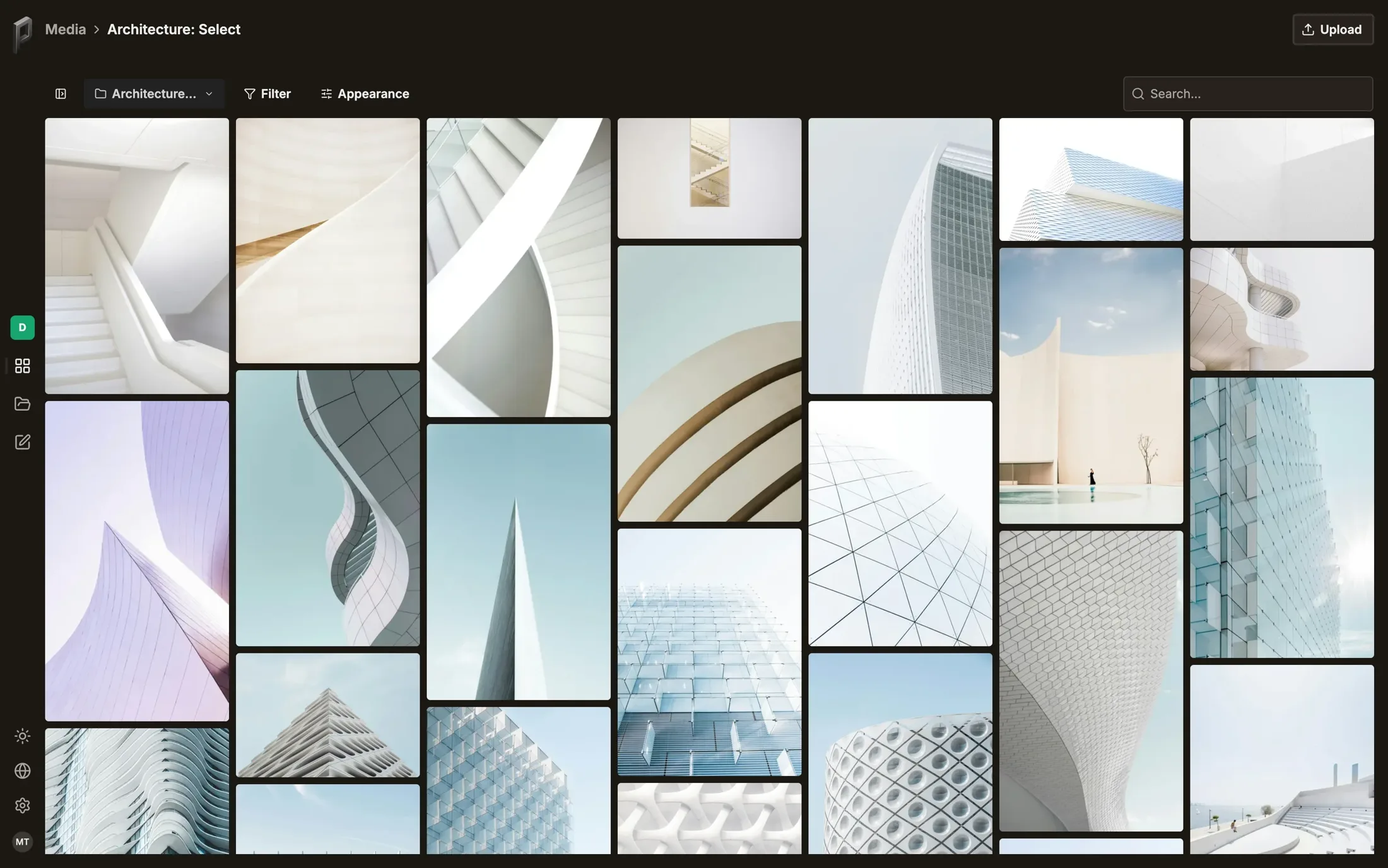 The media library: a folder open in the toolbar, and below it a dense masonry grid of photographs in their own aspect ratios.