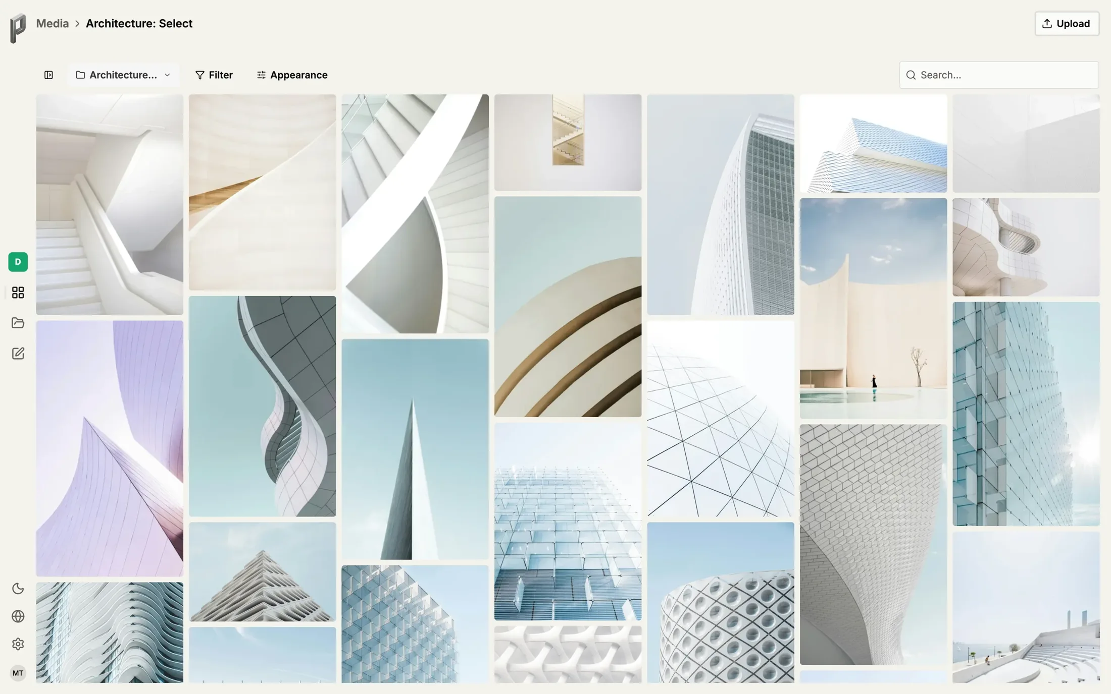 The media library: a folder open in the toolbar, and below it a dense masonry grid of photographs in their own aspect ratios.