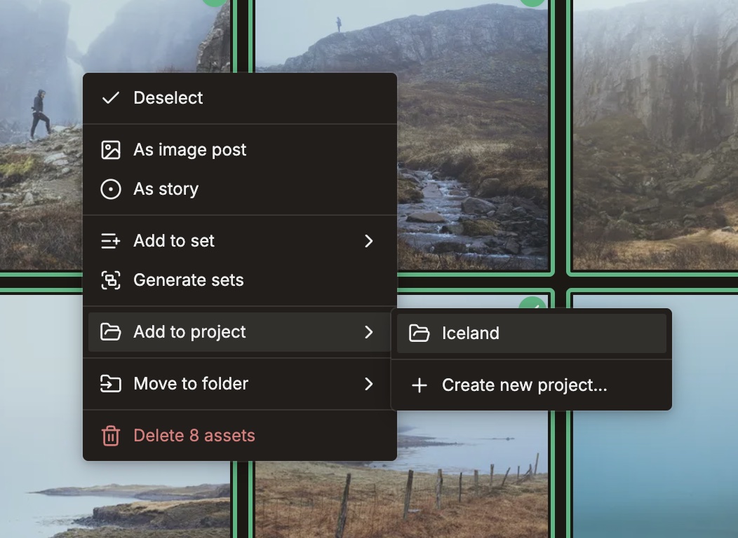 Right-click menu to add selected media to a set or project in Published