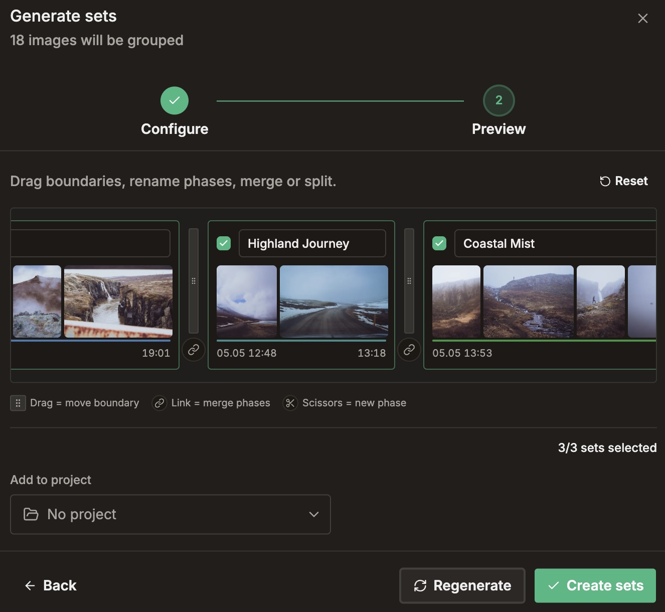 Timeline view in the Generate Sets overlay