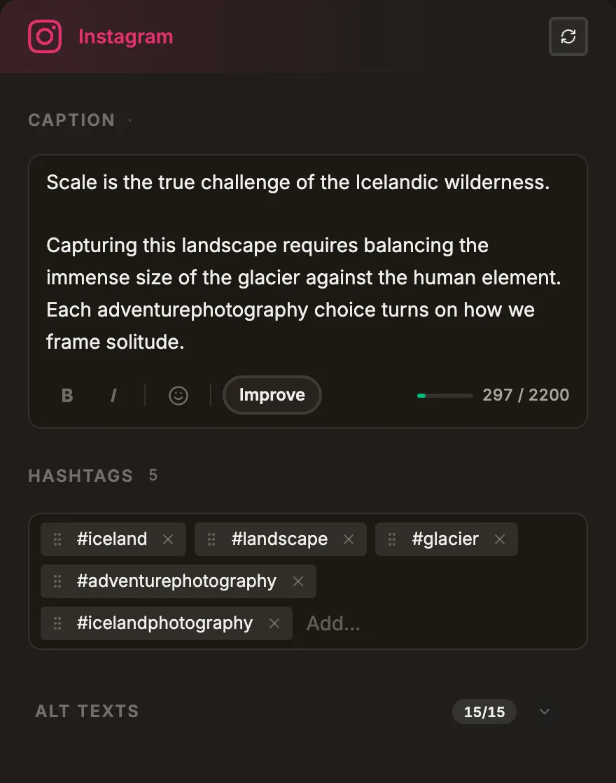 The Instagram card in the composer: the generated caption in its field, with the generated hashtags as chips below it.