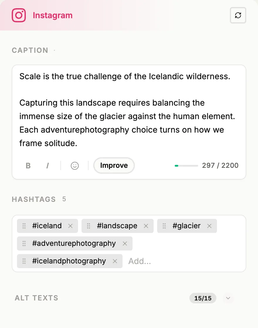 The Instagram card in the composer: the generated caption in its field, with the generated hashtags as chips below it.