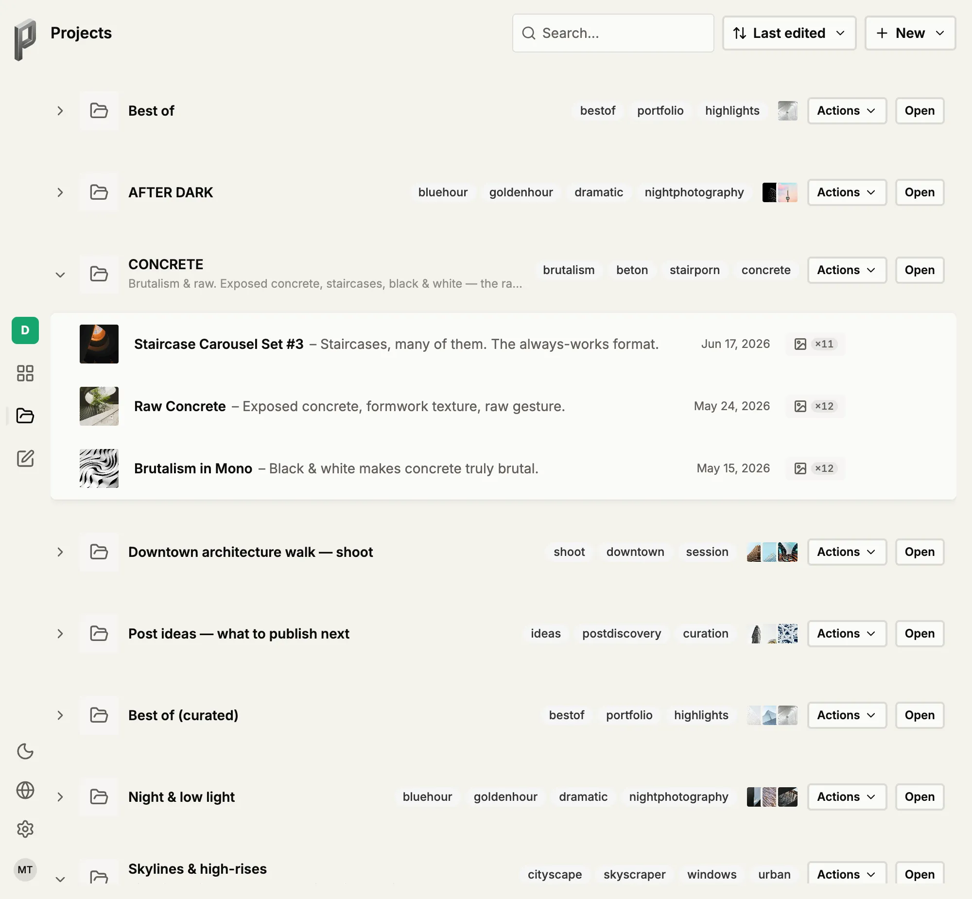 The projects overview: sets grouped under each project, each with its cover and how many frames it holds.